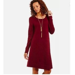 Eileen Fisher Sweater Dress Burgundy 100% Merino Wool Asymmetrical Long Sleeve